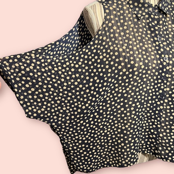 Navy Open Shoulder Button Down Blouse w/ Cream Polkadots - Picture 3 of 12